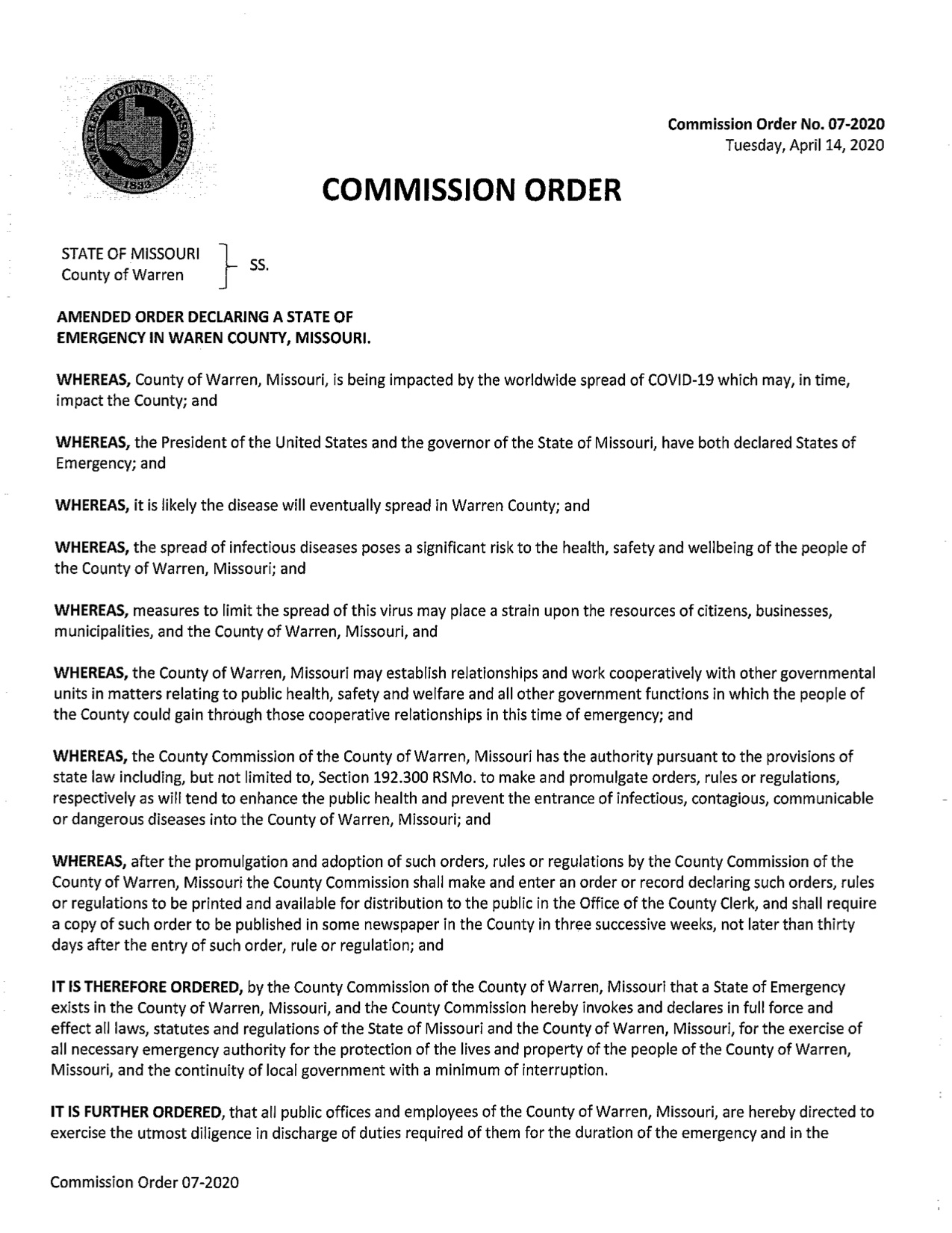 Amended Order Declaring a State of Emergency in Warren County, Missouri